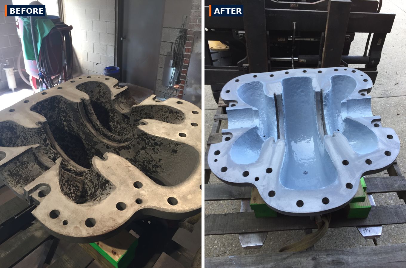 Eroded pump internals rebuilt — before and after