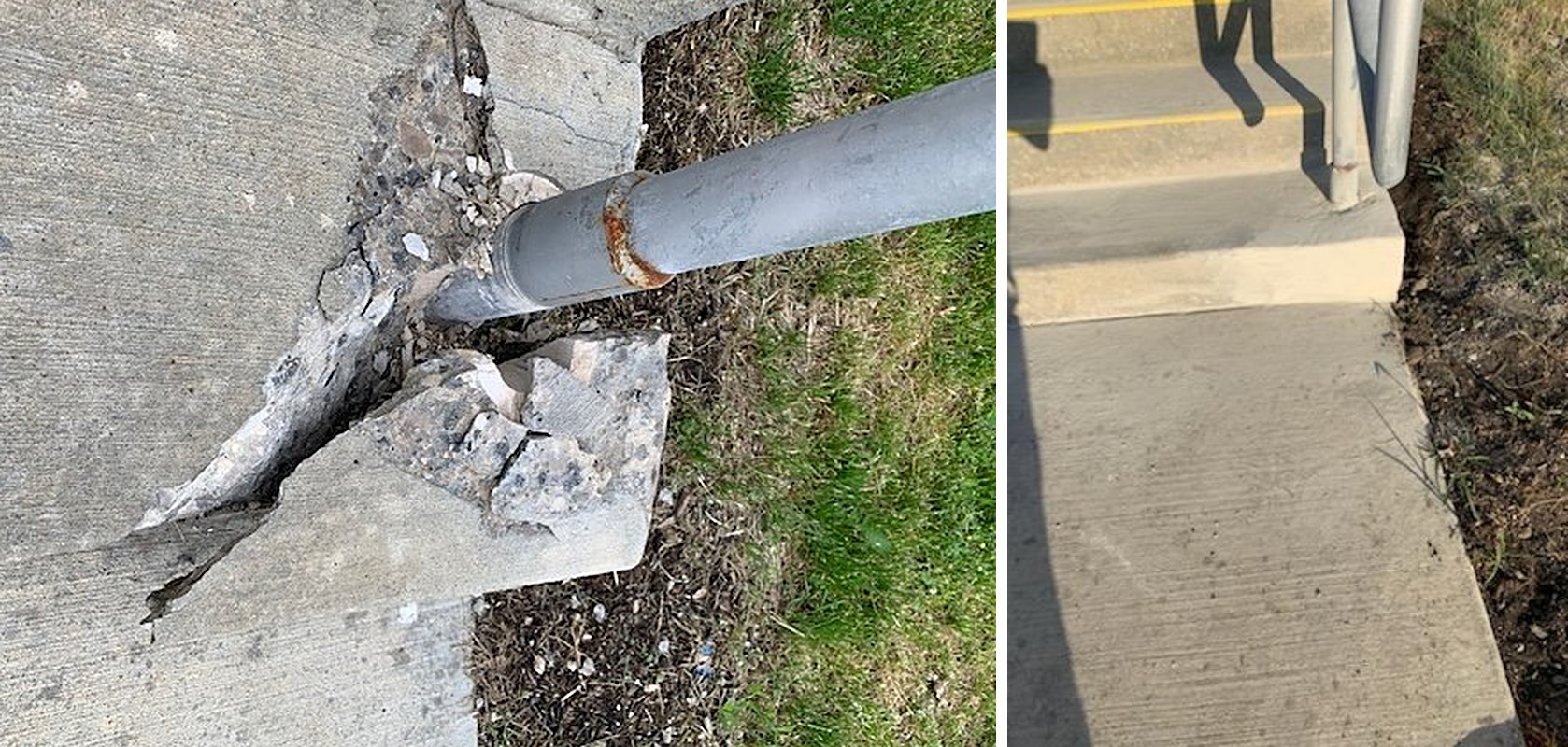 Broken concrete around post rebuilt — before and after