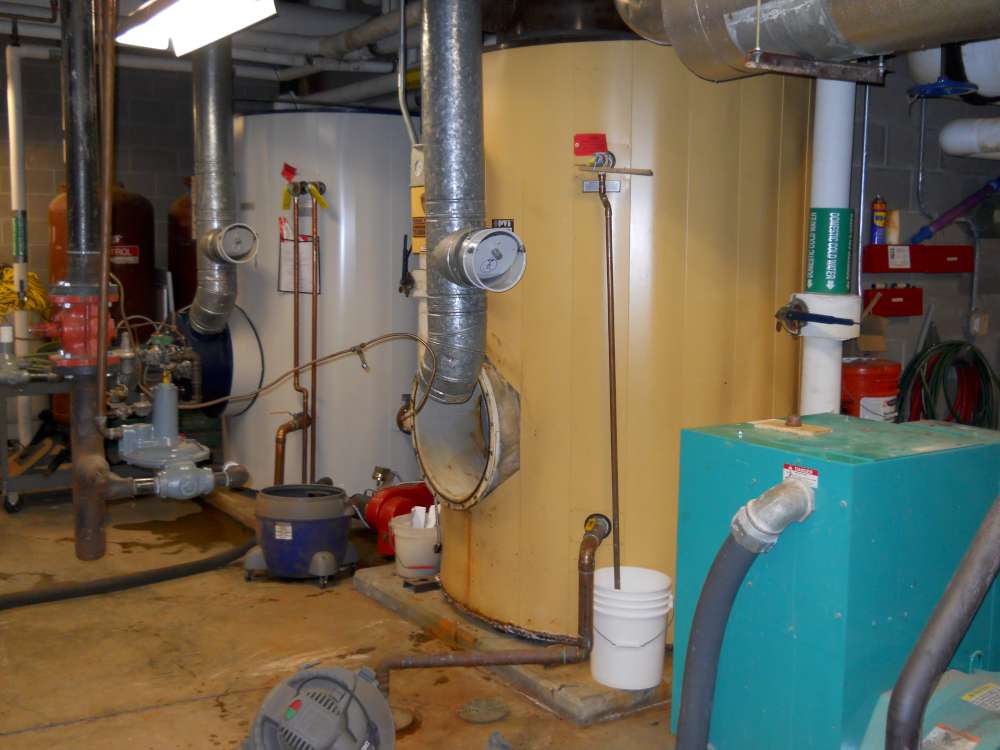 The hot potable water tank in the facility mechanical room.