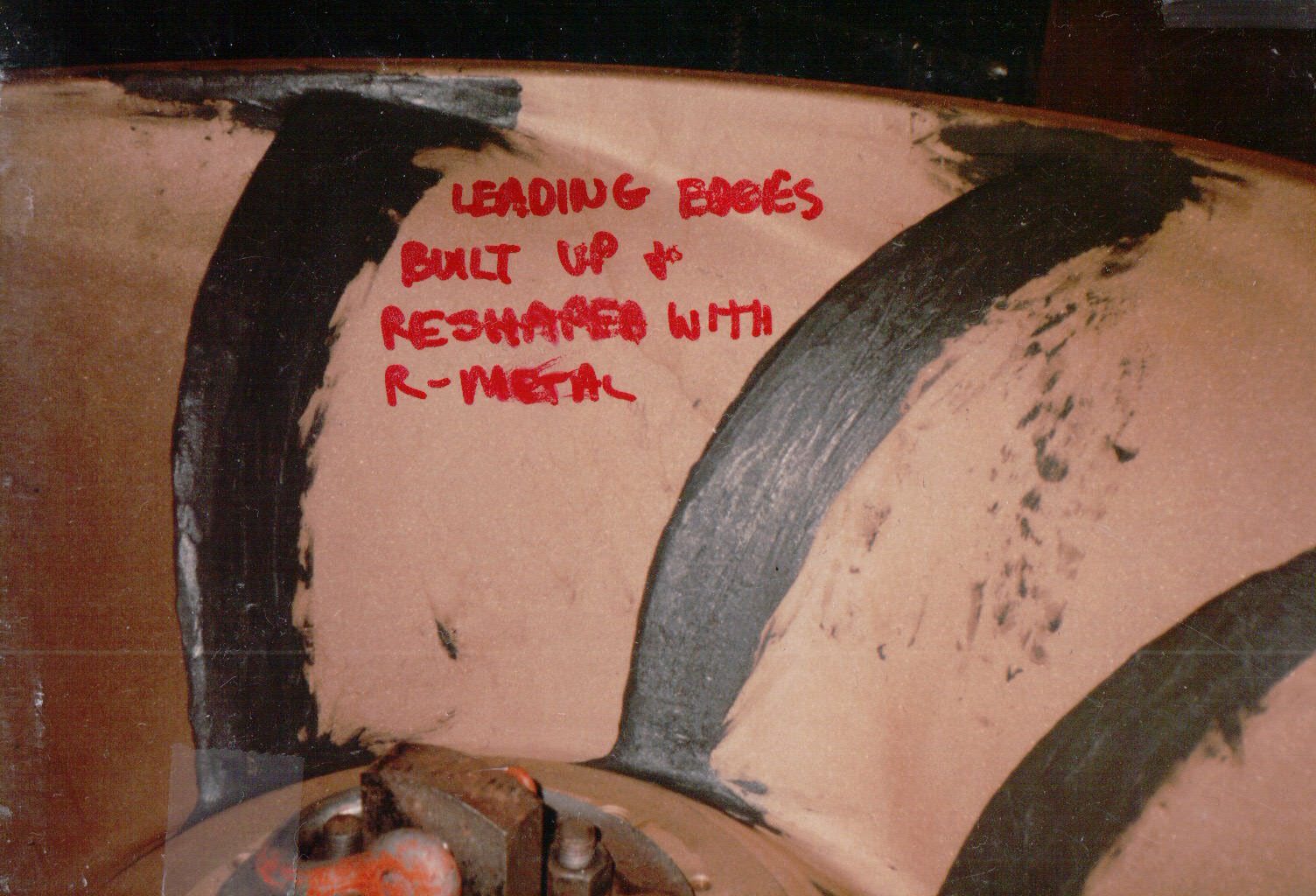 Vane leading edges built up and reshaped with Belzona R-Metal.