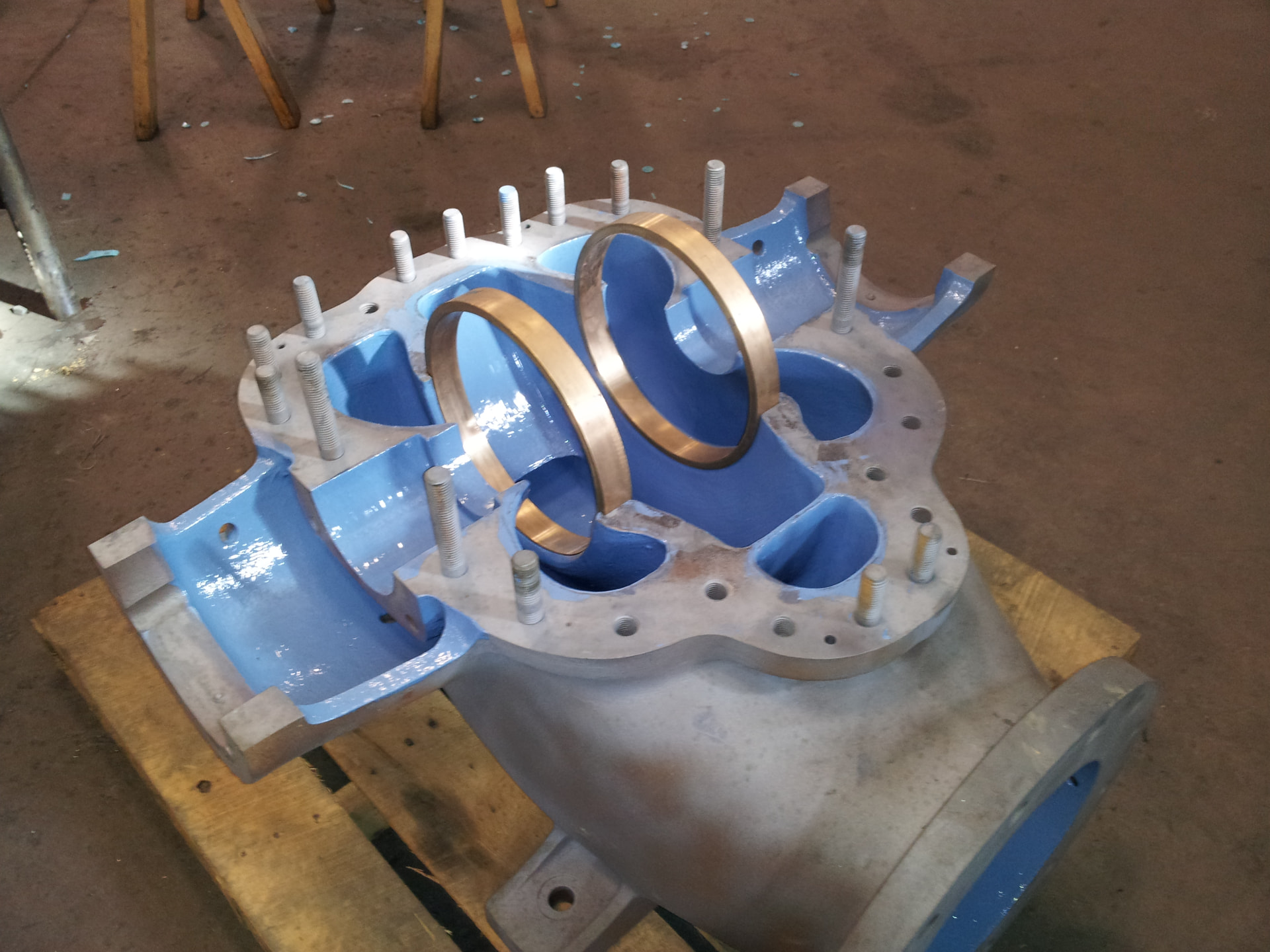 Pump casing lined with blue protective coating