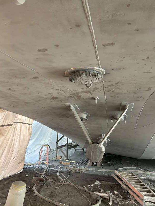 Towboat hull blasted and prepared for coating