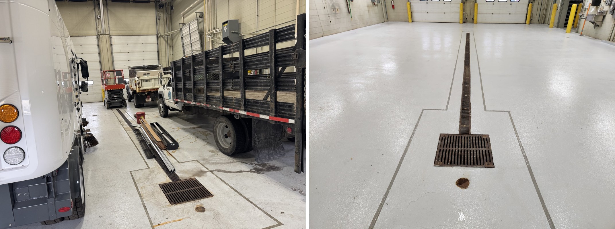Heavy-traffic vehicle bay floor — before and after