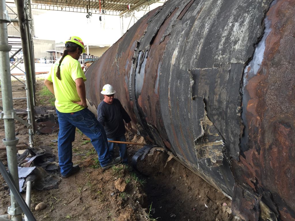 Corroded large-diameter pipe before Belzona repair