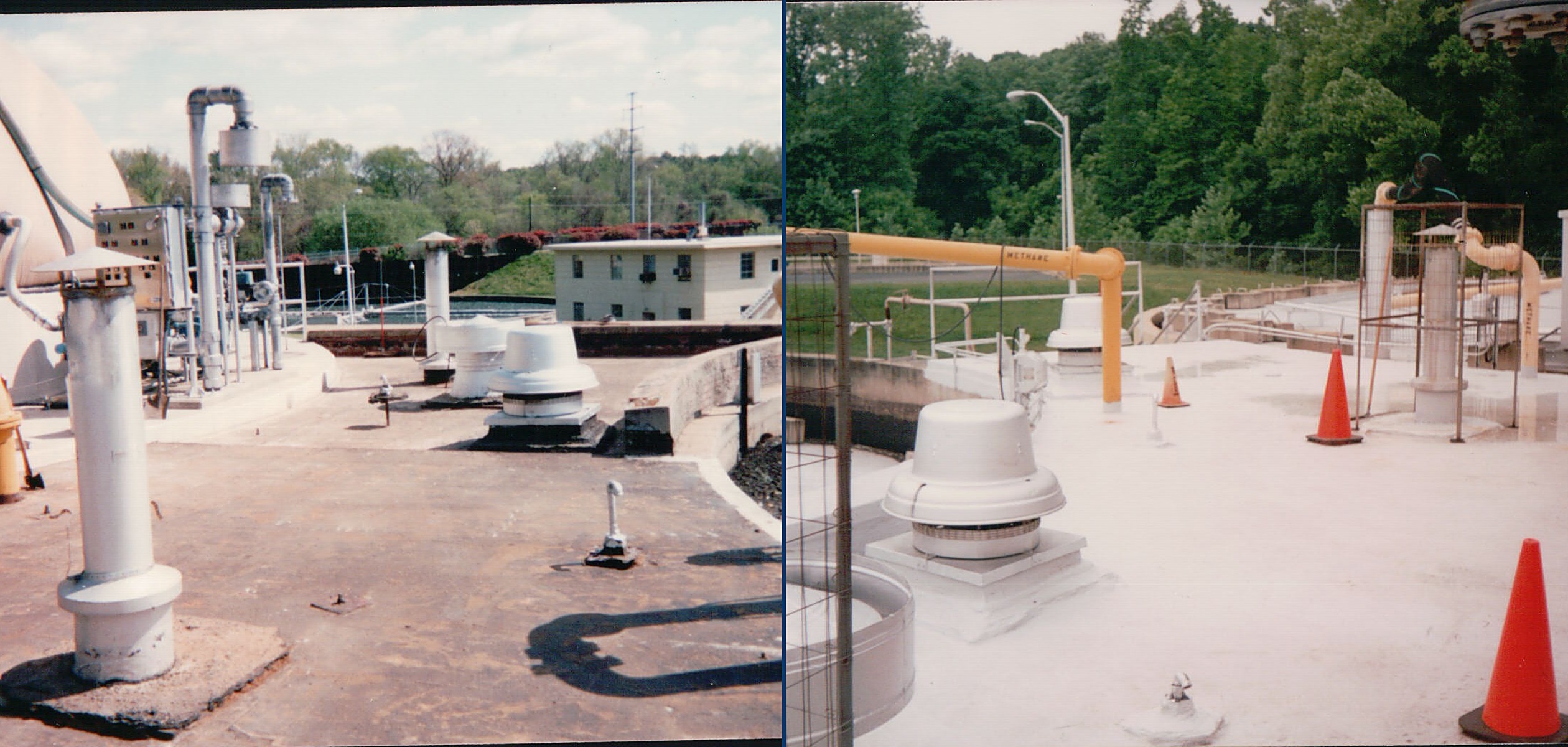 Before and after of an industrial flat roof coated with a seamless Belzona waterproofing membrane